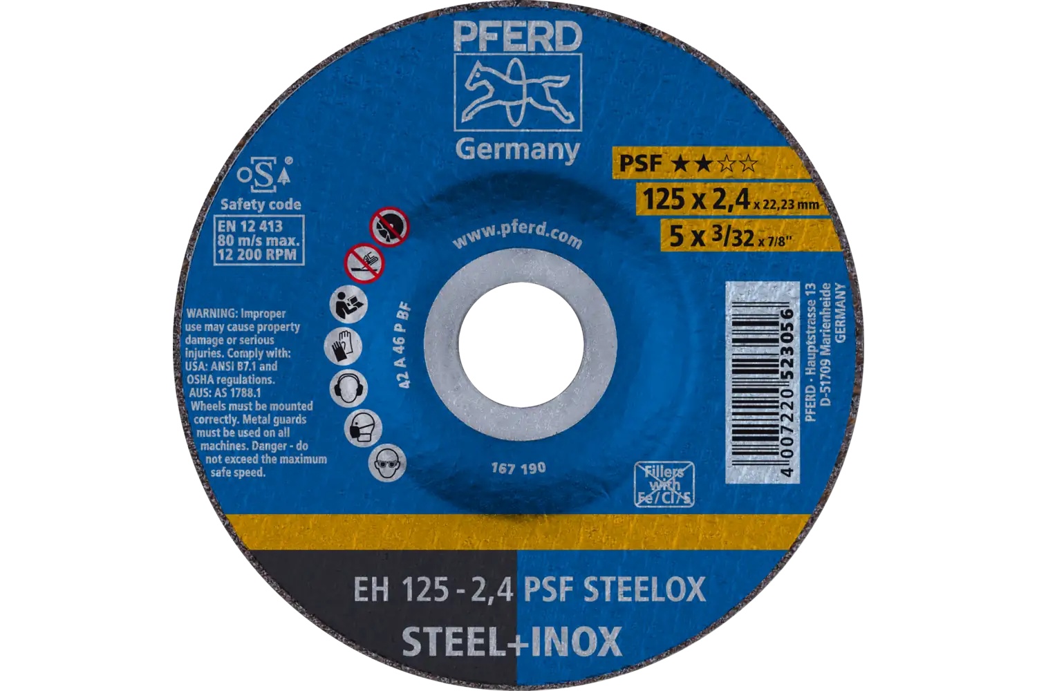 Picture of Pferd Cut-Off Wheel, 5" X 3/32 X 7/8, Psf Steelox, T27, Aluminum Oxide